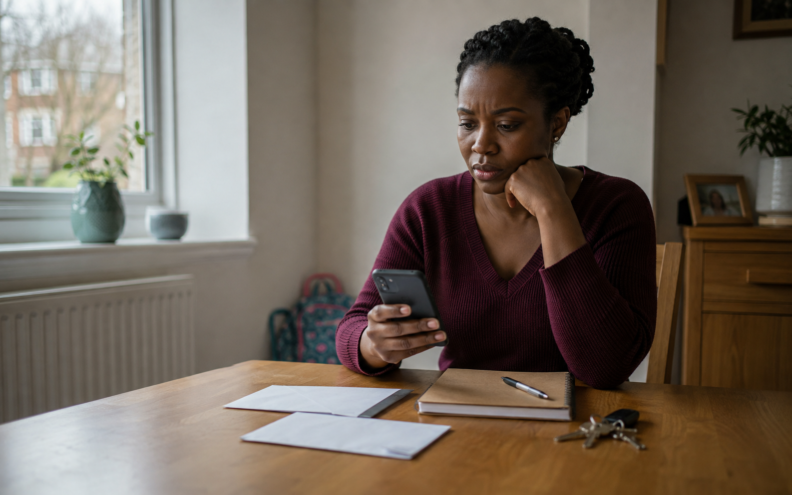 African woman in a UK home considering a family money request on her phone